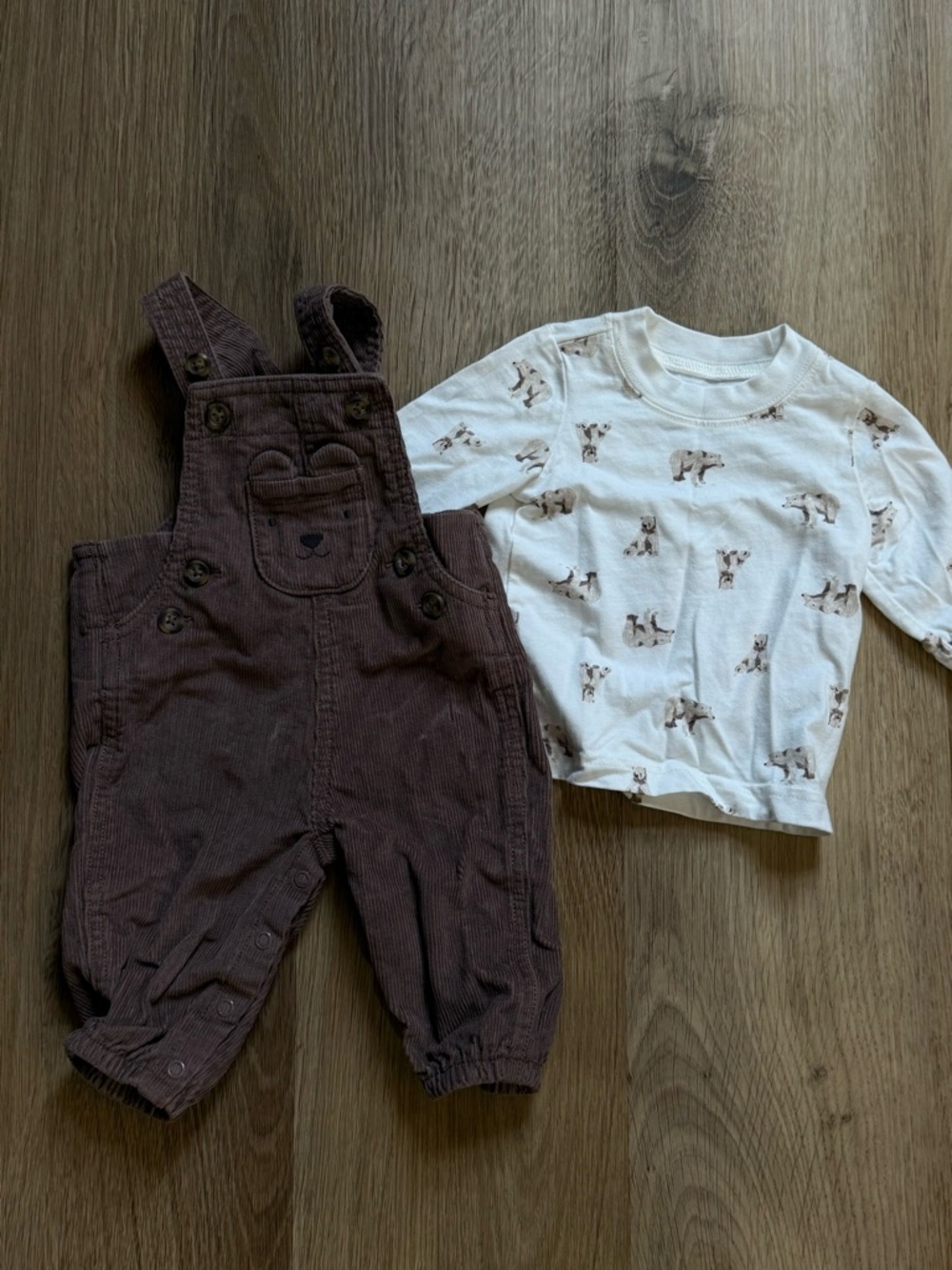 Carter's Brown Corduroy Overalls with Cream Bear Print Long Sleeve